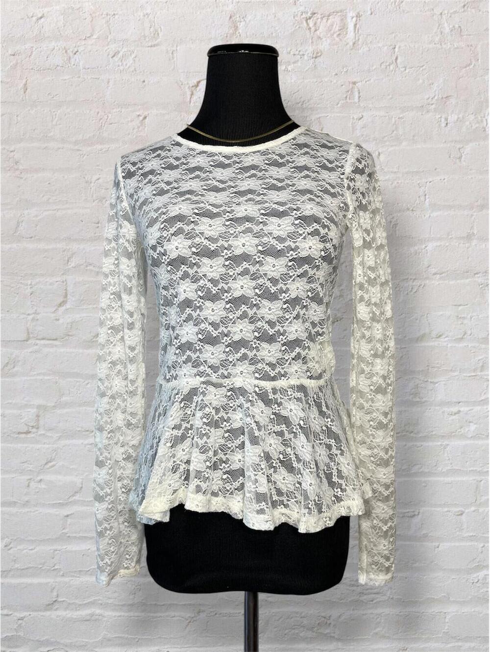 White Floral Lace Peplum Sheer Long Sleeve Coquette Blouse 8